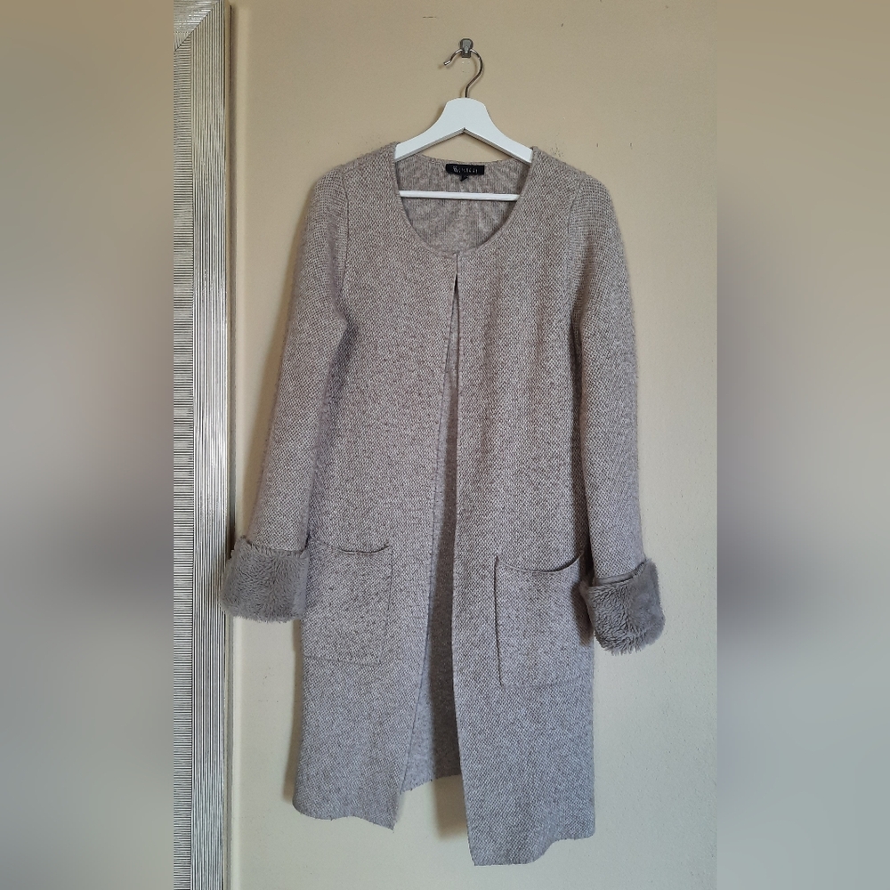 Sisters Long Cardigan Faux Fur Trim Cuffs Pockets Duster Chic Cozy